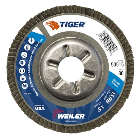 Weiler 4-1/2" Tiger DiscFlap Disc, Conical (TY29), 80Z, 7/8" 50515